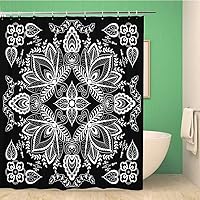 Bathroom Shower Curtain Black and White Abstract Bandana Print with Element Henna Style Polyester Fabric 60x72 inches Waterproof Bath Curtain Set with Hooks