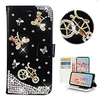 STENES Bling Wallet Phone Case Compatible with iPhone SE 3rd Gen/iPhone SE 2022 Case - Stylish - 3D Handmade Dragonfly Bicycle Glitter Magnetic Wallet Stand Girls Women Leather Cover - Black
