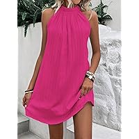 Women's Dress Solid Halter Neck Dress Without Belt Women's Dress (Color : Hot Pink, Size : Large)
