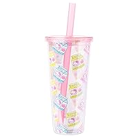 Silver Buffalo Sanrio Hello Kitty Milk Carton Pattern Plastic Boba Tumbler w Lid and Wide Straw, 24 Ounces