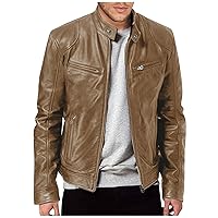 Mens Jacket Casual Faux Leather Jacket Stand Collar Zip-Up Biker Motorcycle Jackets Coat With Zipper Pocket