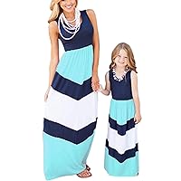 WIWIQS Summer Cute Mommy and Me Boho Striped Chevron Maxi Dresses