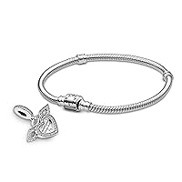 Pandora Jewelry Bundle with Gift Box - Sterling Silver Heart & Angel Wings Dangle Charm with CZ & Moments Sterling Silver Snake Chain Charm Bracelet with Barrel Clasp, 8.3