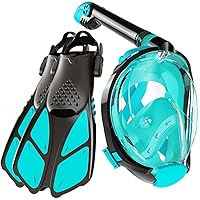 Snorkeling Gear for Adults with Fins - Full Face Snorkel Mask and Swim Fins, 180° Panoramic View Snorkel Mask, Anti Fog and Anti Leak Adult Snorkel Set