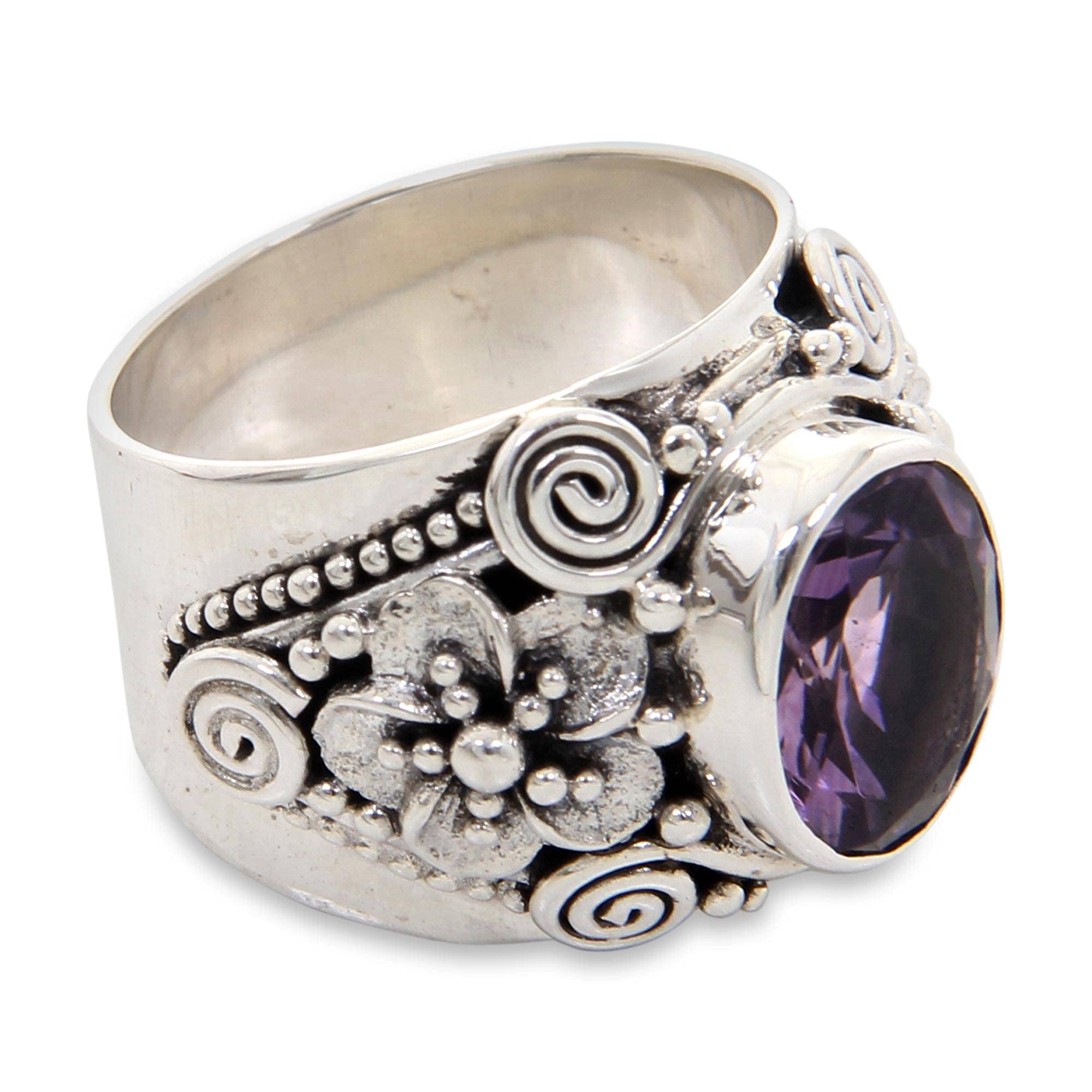 NOVICA Amethyst .925 Sterling Silver Floral Ring 'Lilac Frangipani'