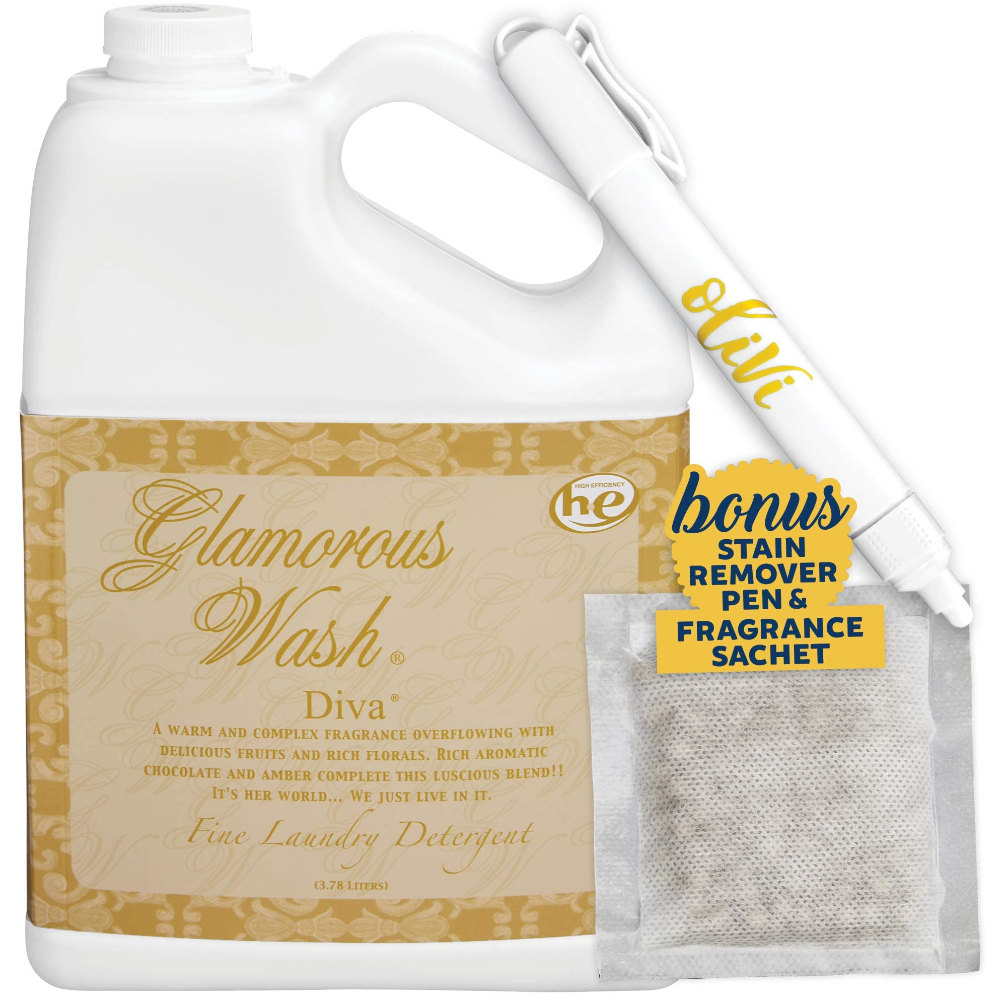 Tyler DIVA Glamorous Wash Laundry Detergent - 1 Gallon - With Olivi Stain Remover Pen - Fresh Scented Sachet - Laundry Detergent For Washing