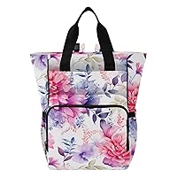 Pink Purple Watercolor Floral Diaper Bag Backpack for Baby Girl Boy Large Capacity Baby Changing Totes with Three Pockets Multifunction Baby Essentials for Playing Shopping Picnicking
