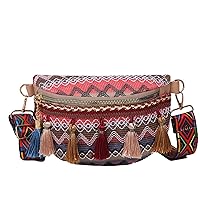 Women Folk Style Waist Bag with Adjustable Strap Variegated Color Fanny Pack with Fringe Decor (Khaki, 21.5cm*15cm*1cm)
