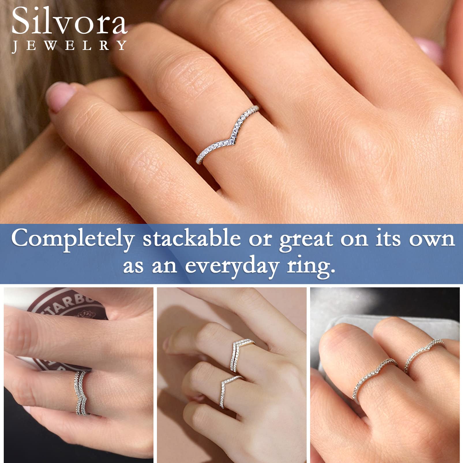 Silvora Sterling Silver Stacking Wishbone Rings for Women Teen Girls, Wedding Band Jewelry with Delicate Gift Packaging, Customizable