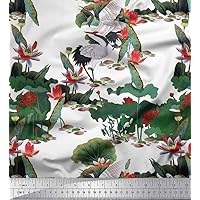 Soimoi Polyester Crepe White Fabric - by The Yard - 42 Inch Wide - Sandhill Crane, Leaves & Lotus Floral Print Fabric - Exotic and Botanical Patterns for Various Uses Printed Fabric