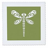 3dRose Dragonfly White Tribal Tattoo Style Art On Khaki Green - Quilt Squares (qs_355579_2)