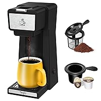Single Serve Coffee Maker 2 in 1 for K Cup Pods & Ground Coffee, Mini K Cup Coffee Machine 6-14 oz, One Cup Coffee Brewer with One-Bouton Fast Brewing, Reusable Filter, CM-206, Black