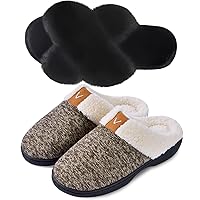 Parlovable Set of 2 Pairs-Women's Plush Cross Band Slippers (Black) & Memory Foam Cozy House Shoes (Coffee) Comfy Anti-Slip, US Size 7-8