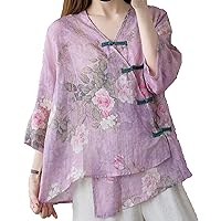 Traditional Chinese Top Flower Print Han-fu Clothes Oriental Clothing Traditional Linen Blouse for Women(001,XL)