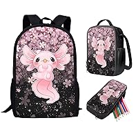 Axolotl Backpack with Lunch Box for School Girls Pencil Case Cherry Blossom School Bag with Lunch Bag Set for Kindergarten Elementary Middle Bookbags for Teens Casual Daypack Kids Schoolbag
