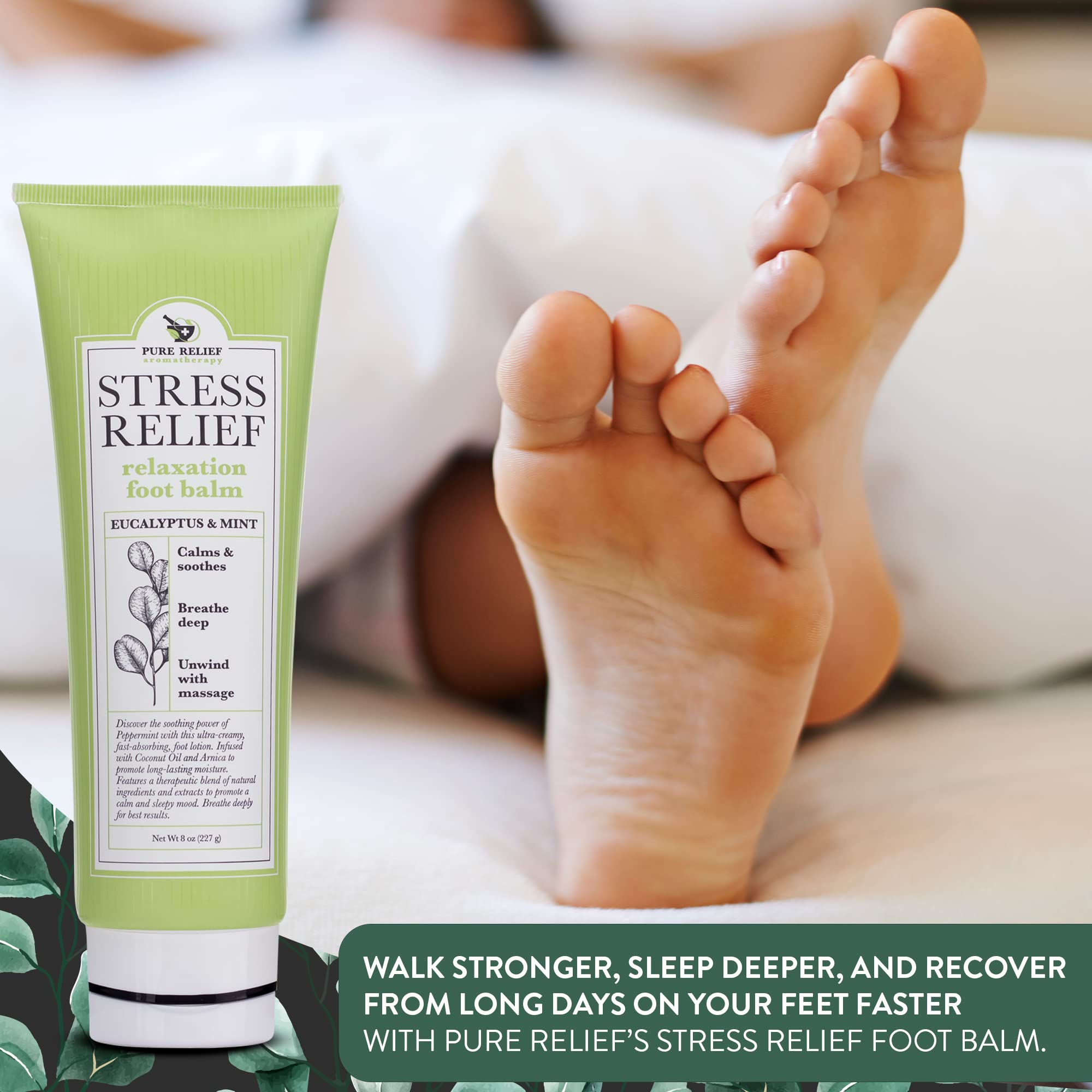 Pure Relief Arnica Foot Lotion Stress Relief Eucalyptus & Peppermint Oil Moisturizer Foot Cream – Skin Care Foot Lotion For Dry Cracked Feet, Skin Irritation, & Relaxing Legs – Pedicure Supplies, 8Oz