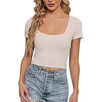 Womens Summer Top Crop Tops for Women 2024 Sexy Simple Classic Casual Slim Fit with Short Sleeve Round Neck Summer Shirts Beige Small