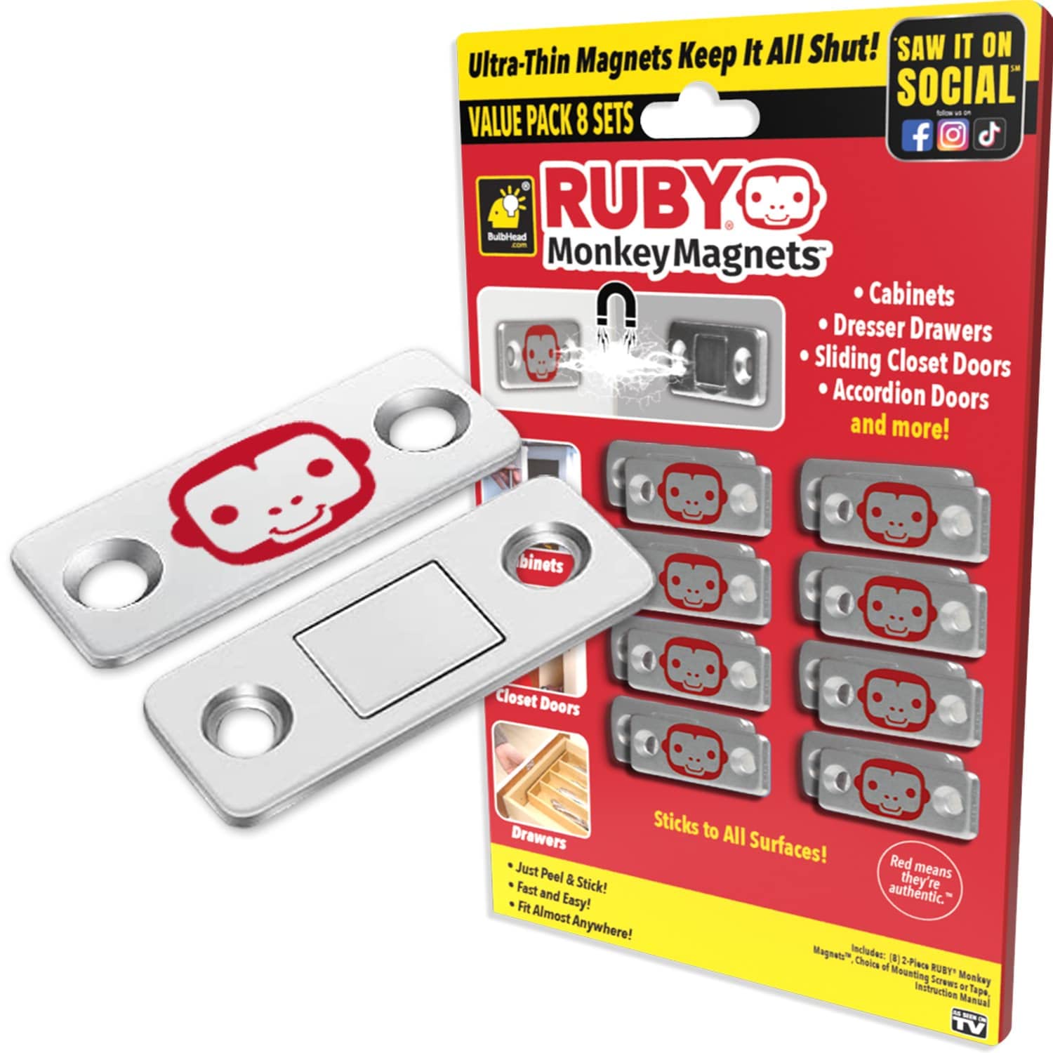 RUBY Monkey Magnets AS-SEEN-ON-TV, Ultra-Thin Magnetic Plates Keep It All Shut, Fast and Easy Installation, Just Peel & Stick, Slim Design Fits Virtually Anywhere, Cabinets, Drawers & More, 8 Sets