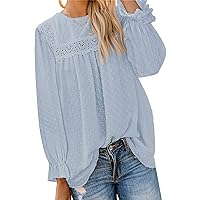 Women'S Swiss Dot Long Sleeve Tops Casual Lace Stitching Round Neck Solid Color Blouse Flowy Babydoll Short Pompom Shirt