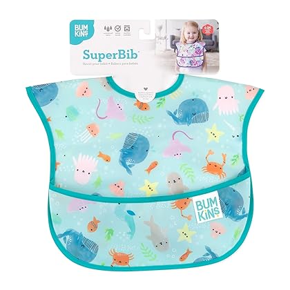 Bumkins Bibs for Girl or Boy, SuperBib Baby and Toddler for 6-24 Months, Essential Must Have for Eating, Feeding, Baby Led Weaning Supplies, Mess Saving Catch Food, Waterproof Soft Fabric, Ocean Life