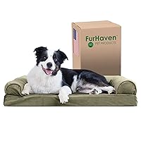 Furhaven Cooling Gel Dog Bed for Large/Medium Dogs w/ Removable Bolsters & Washable Cover, For Dogs Up to 55 lbs - Faux Fur & Velvet Sofa - Dark Sage, Large