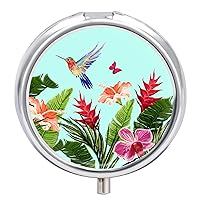 Round Pill Box Hummingbird Butterfly Portable Pill Case Medicine Organizer Vitamin Holder Container with 3 Compartments