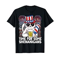 Time For Shenanigans Funny USA Flag 4th of July Cat Beer T-Shirt