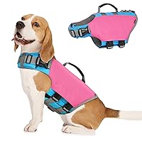 Dog Life Jacket, Life Jacket for Dogs with High Buoyancy Rescue Handle, Adjustable Ripstop Safety Vest Float Lifesaver Vest Reflective Stripes for Swimming Boating Dogs, Medium Size, Rose Red