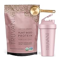 Truvani Vegan Vanilla Chai Protein Powder with Pink Shaker Cup & Scoop Bundle - 20g of Organic Plant Based Protein Powder - Includes Stainless Steel Shaker Cup & Durable Protein Metal Scoop