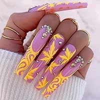 24Pcs Fall Maple Leaf Press on Nails Long Coffin Fake Nails with Rhinestones Exquisite Design Full Cover Glue on Nails Autumn Thanksgiving Nail Decorations Acrylic False Nails for Women Girls