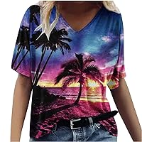Amazon Deals Today Women V Neck Tshirt Oversized Beach Palm Printing Tops Casual Trendy Workout Shirts 2024 Loose Fit Tunic Blouses Shirts For Women Sleeveless
