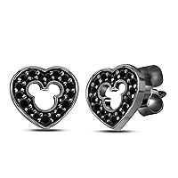 Love Heart Micky Mouse 925 Sterling Silver Plated 14k Black Gold Plated Stud Earrings with Fashion Black CZ Cubic Zirconia Studs for Girls and Women