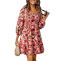 Dokotoo Womens Summer Dresses 2024 Boho Floral Square Neck Smocked 3/4 Sleeve Casual A-Line Swing Mini Babydoll Dress