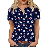 Women 4th of July Shirt 2024 Henley Tops Button Up Short Sleeve Tunic Tops America T Shirts Patriotic Graphic Tees