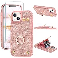 Fingic iPhone 13 Case,iPhone 14 Wallet Case with Card Holder 1XScreen Protector Glitter Sparkle 360°Ring Holder Kickstand RFID Blocking Leather Antiscratch Protective Case for iPhone 14/13,Rose Gold