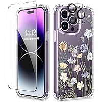 GVIEWIN for iPhone 14 Pro Case with Screen Protector & Camera Lens Protector, Floral Slim Shockproof Protective Hard PC+TPU Bumper Flower Women Phone Cover for 14 Pro, 6.1