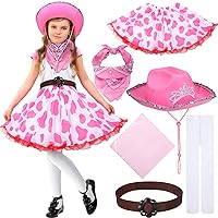 6 Pcs Pink Cowgirl Costume for Girls Halloween Western Costume Includes Hat, Head Scarf, Cow Print Dress, Polyester Scarf, Waist Belt and Stockings Cowgirl Outfits for Kids Holiday Dress Up Party