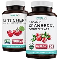 Bundle of Organic Cranberry Pills & Tart Cherry - Clean & Clear Bundle - Urinary Tract & Uric Acid Support - Organic Cranberry Pills - 50:1 Concentrate & Organic Tart Cherry Capsules - 4:1 Extract