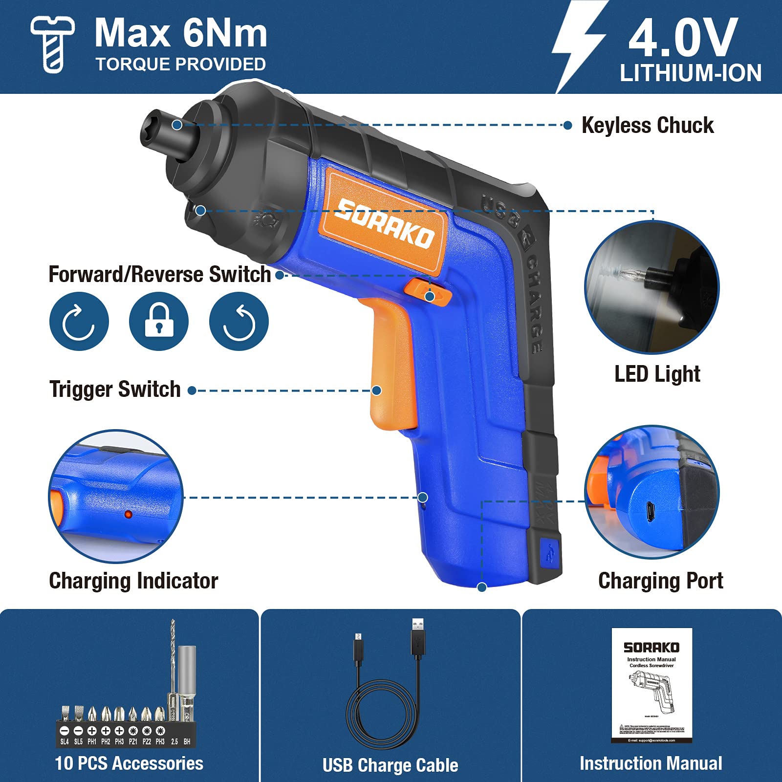 Electric Screwdriver 4V Max, Cordless Screwdriver 6 Nm, Rechargeable Power Screwdriver with LED Light, SORAKO Screw Gun with 10 PCS Accessories for Home DIY, Repair