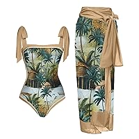 Women One Piece Swimsuit with Matching Cover Ups Floral Sexy Bikini Sets Tummy Control Swimsuit with Bikini Maxi Wrap Skirt
