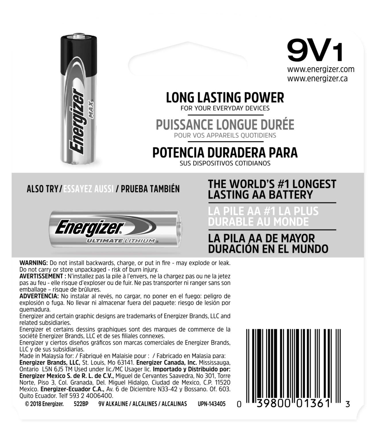 Energizer MAX 9V Batteries - Packaging May Vary