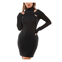 Womens Black Stretch Cut Out Ribbed Long Sleeve Mock Neck Above The Knee Party Body Con Dress Juniors XXS
