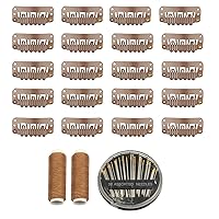 30pcs Hair Extension Clips U-Shape Stainless Steel Snap Clips for Wigs and Hair Extensions and Hairpieces, 30 Assorted Sewing Needles and 2 Rolls Thread (Light Brown)