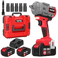 TIKTIK 1/2 Cordless Impact Gun, Max Torque 740 Ft-lbs(1000N.m) Brushless High Torque Impact Driver with 2 * 4.0Ah Battery, 5 Drive Impact Sockets, Quick Charger,Suitable for Automotive Repair (RED)