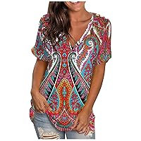 DASAYO Womens V Neck Floral Print Shirts Tunic Summer Casual Vintage Tops Blouses Loose Trendy Going Out Aesthetic Clothes