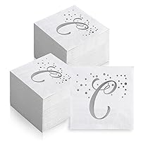 200 Pack Disposable Monogrammed Cocktail Napkins Silver Foil Letter C Paper Napkins Initial Beverage Napkin for Wedding Birthday Party Baby Shower Holiday Dinnerware Table Decor