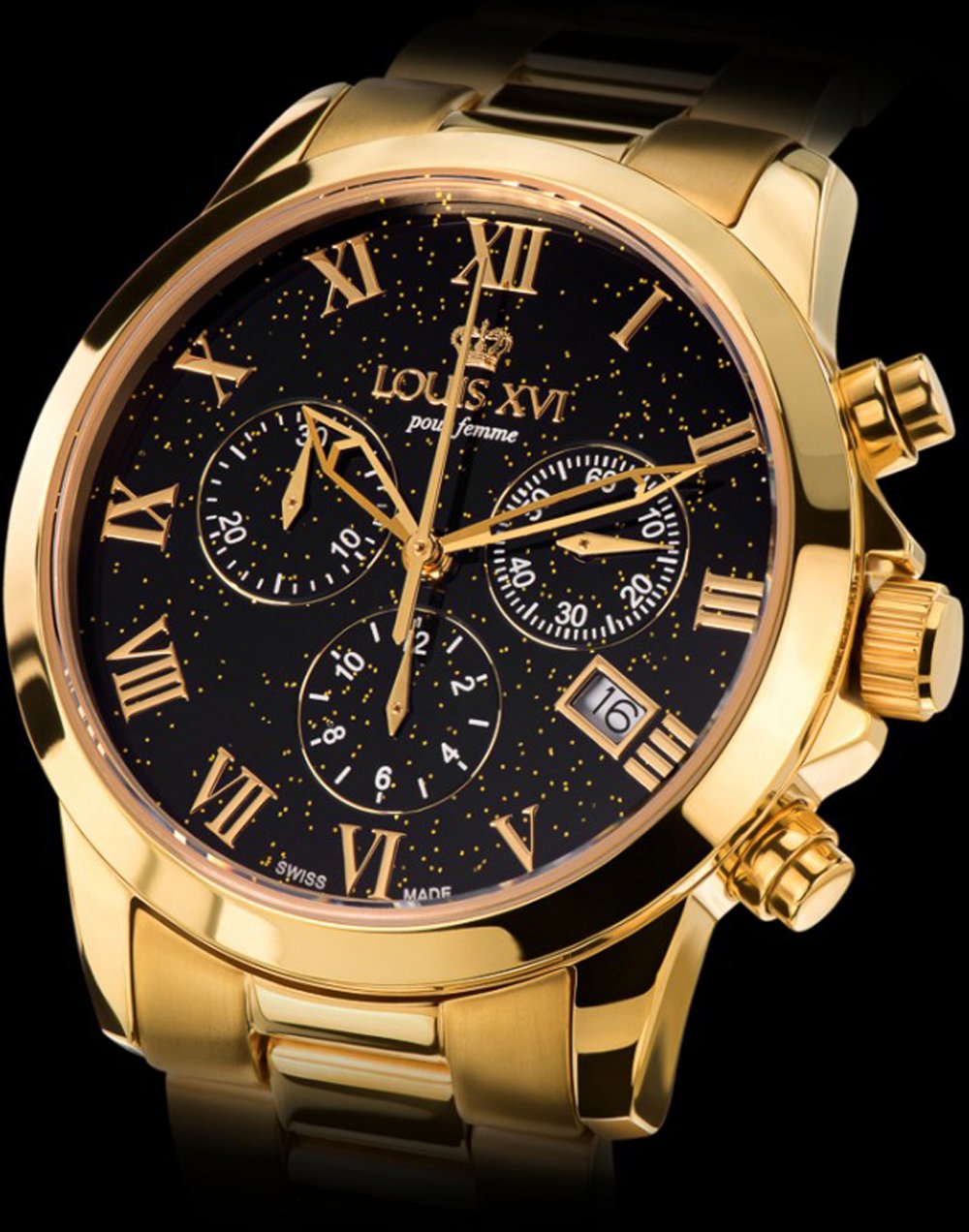 LOUIS XVI Damen-Armbanduhr Athos Pour Femme Stahlband Gold Schwarz Stars Edition Gold Chronograph Analog Quarz Edelstahl 545