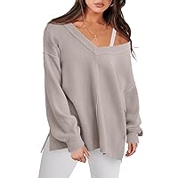 ANRABESS Women Long Sleeve Shirt V Neck Off Shoulder Oversized Knit Pullover Sweatshirt Loose High Low Tunic Tops