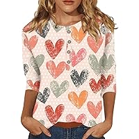Valentines Shirts, Womens Blouses and Tops Dressy Tops to Wear with Leggings Women's Fashion Casual 3/4 Sleeve Printed Round Neck Button Top Womens Strappy Tops and Blouses Womens (2-Wine,3XL)