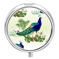 Pill Box Peacock Bird (2) Round Medicine Tablet Case Portable Pillbox Vitamin Container Organizer Pills Holder with 3 Compartments